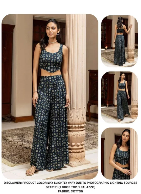 SET0191 Ladies Navy Blue Cotton Printed Cord Set Wholesalers In Surat